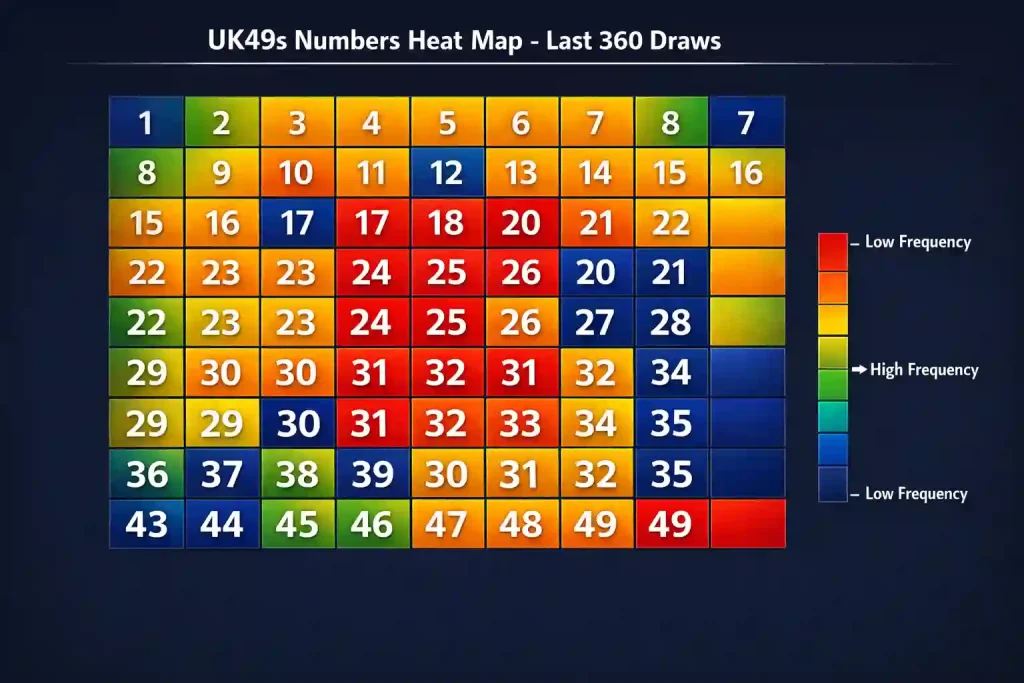 UK49s heat map showing number frequencies - red hot spots at 49,17,24,20,30,31,42 and blue cold spots at 12,35,28,7,27,37
