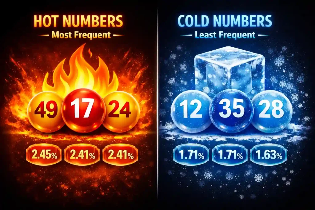 Hot and cold numbers for UK49s - hot numbers 49,17,24 and cold numbers 12,35,28 with frequency percentages